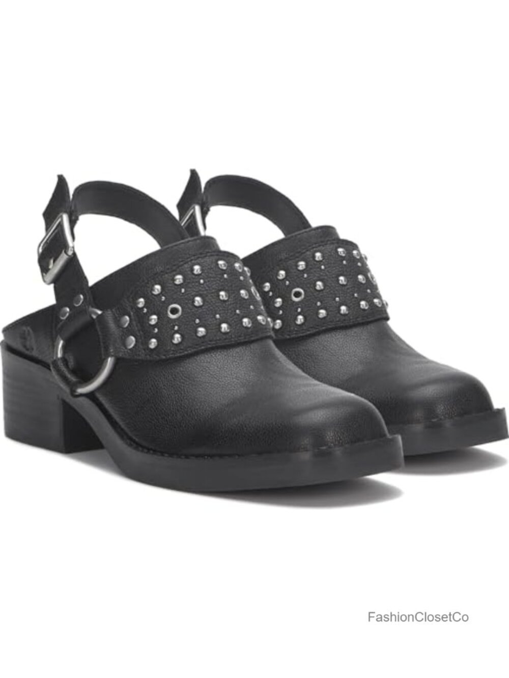 Square Toe Mule with Harness and Studding, Leather Upper, Stacked Block Heel - Picture 6 of 6